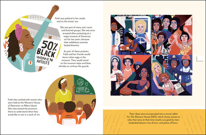 Illustrations of women artists with text on a book page