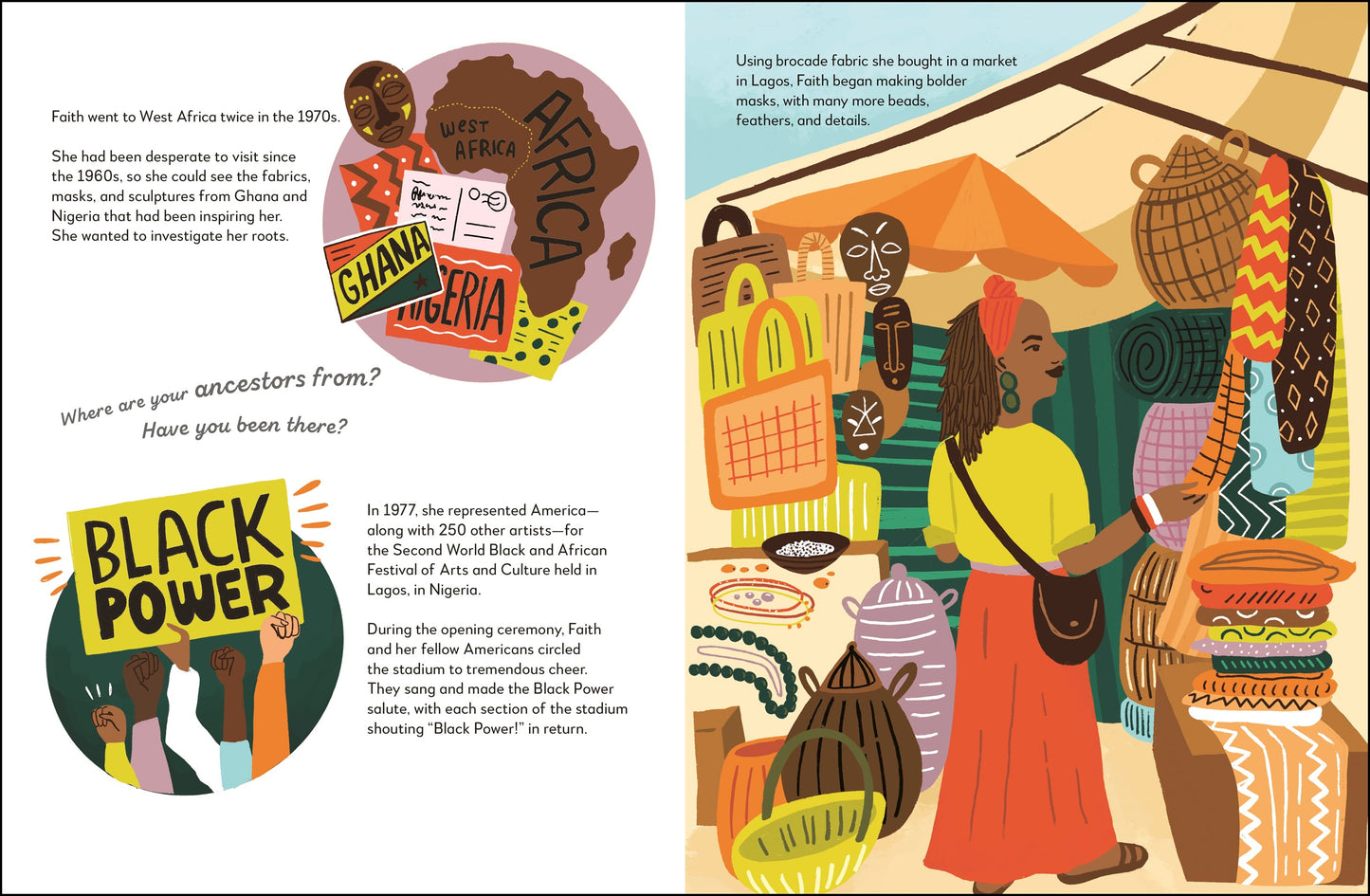 Illustrated book page with a woman in an African market, colorful text, and graphics.