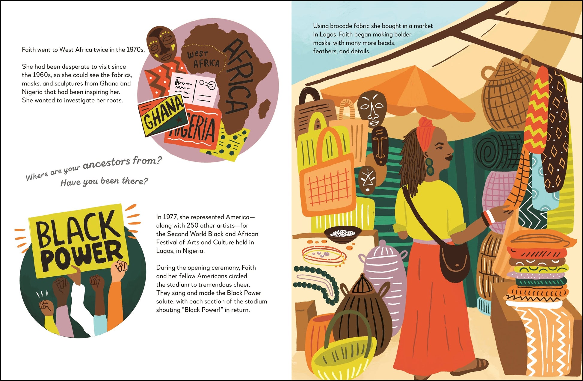 Illustrated book page with a woman in an African market, colorful text, and graphics.