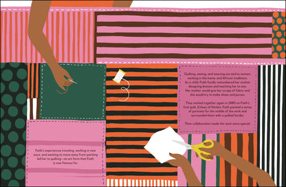 Illustration of hands working with fabric and scissors on a colorful background