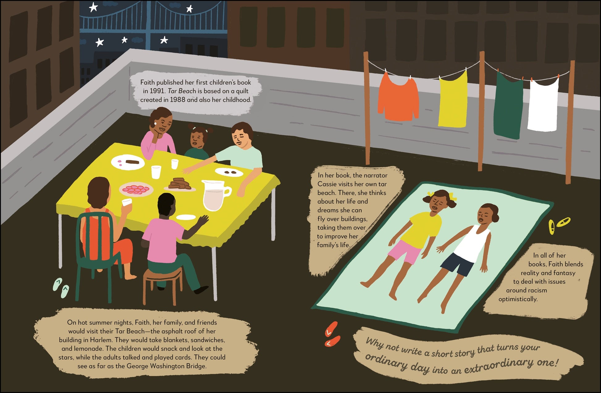 Illustration of a family gathered around a table with text overlay on an urban rooftop.