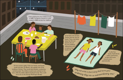 Illustration of a family gathered around a table with text overlay on an urban rooftop.