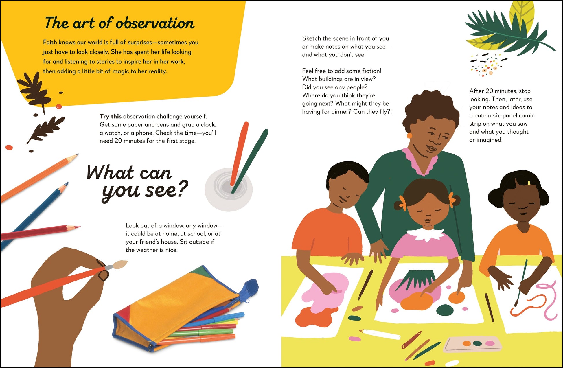 Illustrated book page with children drawing and text about observation skills.