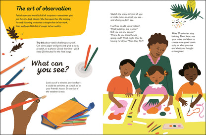 Illustrated book page with children drawing and text about observation skills.