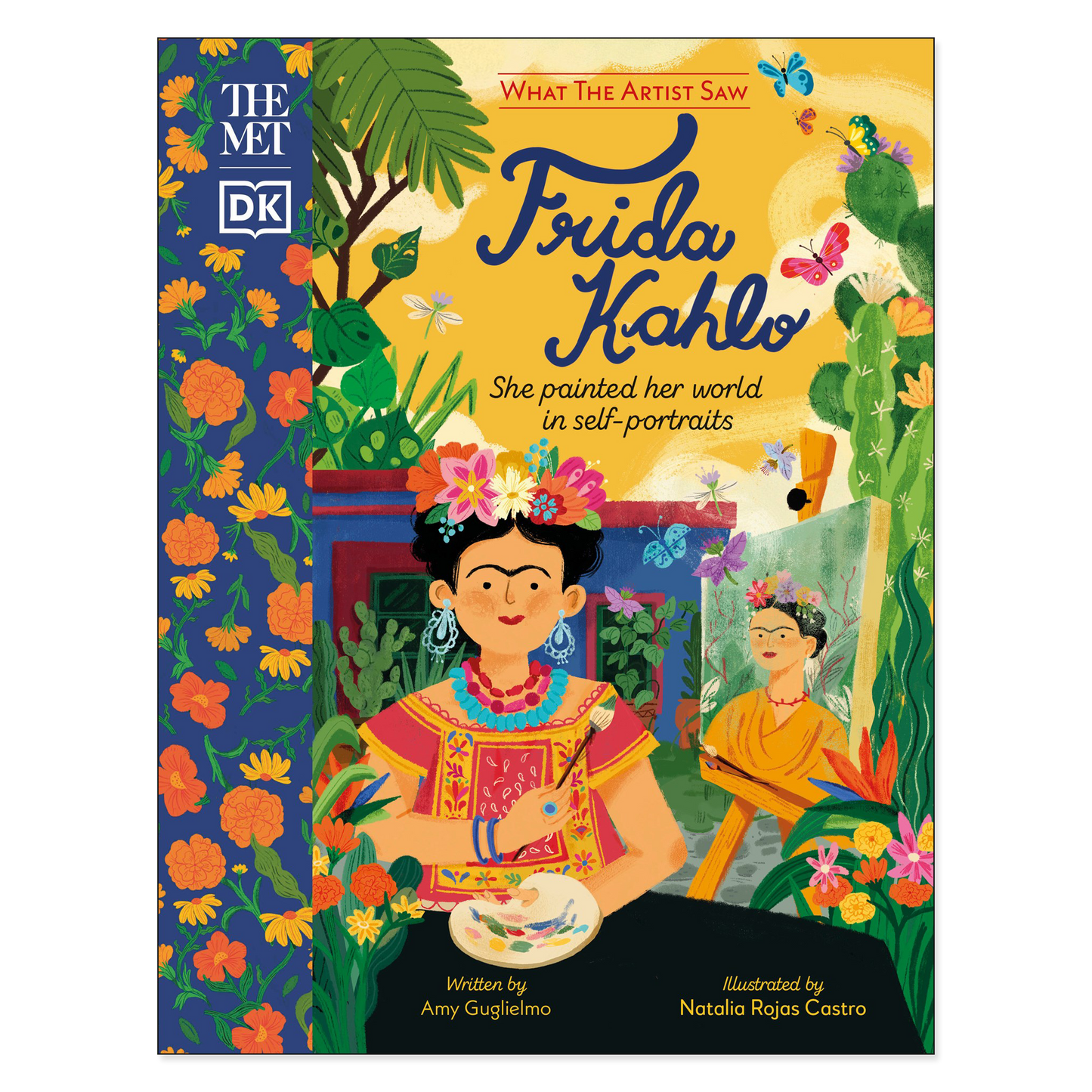 Book cover of 'Frida Kahlo' with colorful illustrations and text.