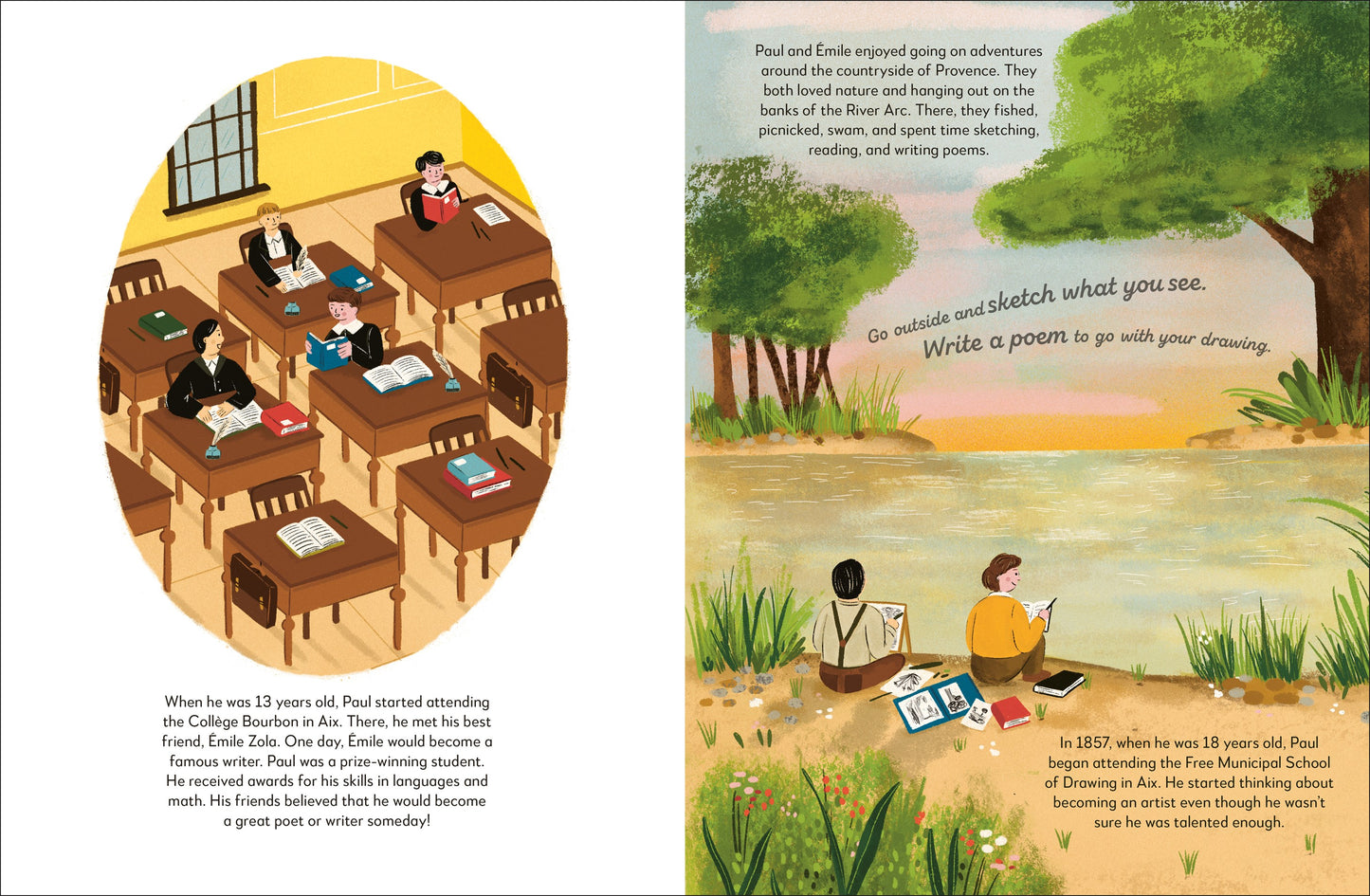 Illustrated book page with classroom scene and outdoor setting, featuring children and educational elements.