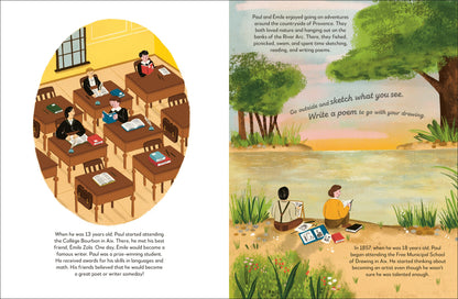 Illustrated book page with classroom scene and outdoor setting, featuring children and educational elements.