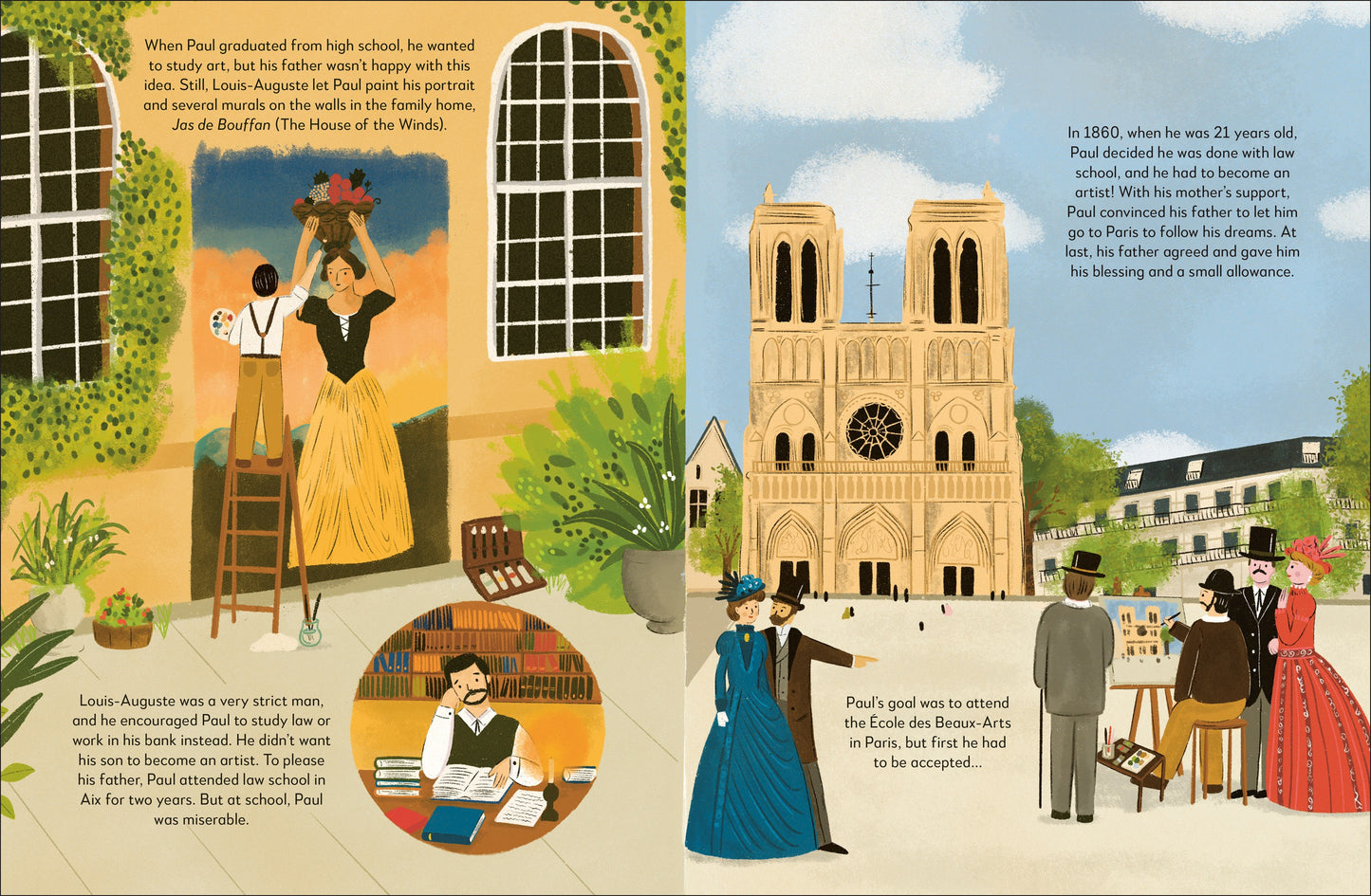 Illustrated book page with scenes of a woman in a yellow dress, a cathedral, and people in formal attire.