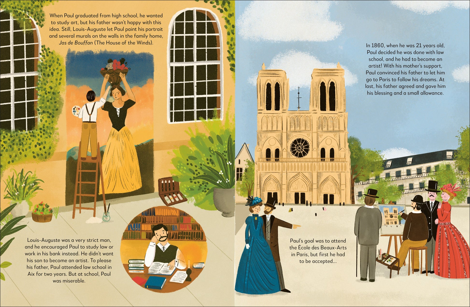 Illustrated book page with scenes of a woman in a yellow dress, a cathedral, and people in formal attire.