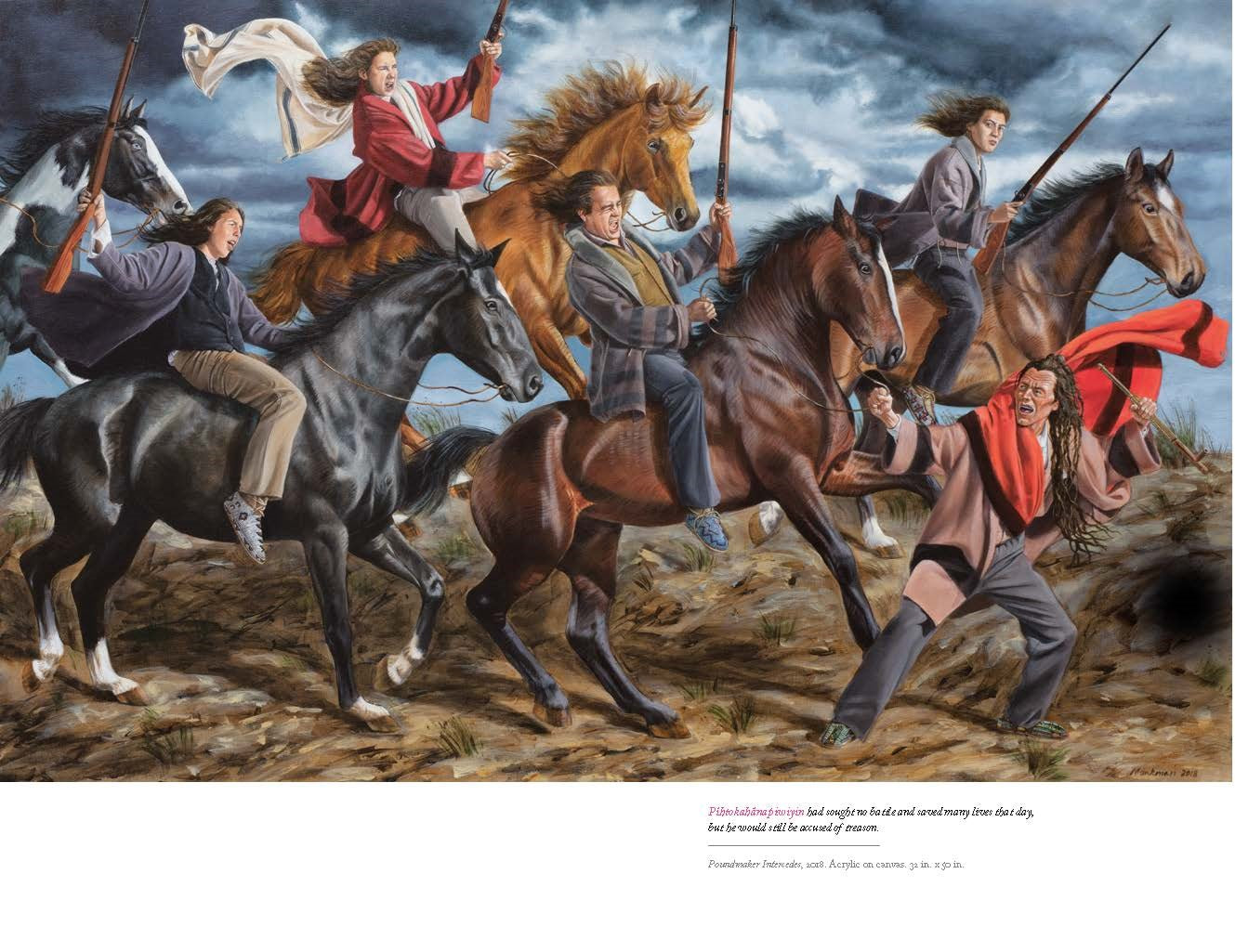 Painting of people on horseback with a dramatic sky