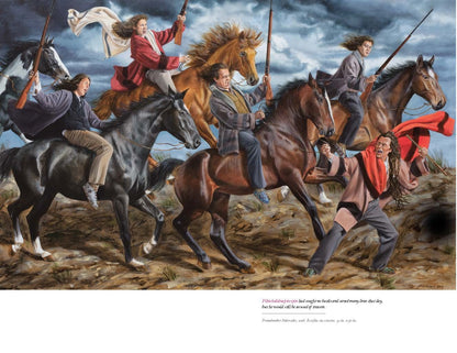 Painting of people on horseback with a dramatic sky