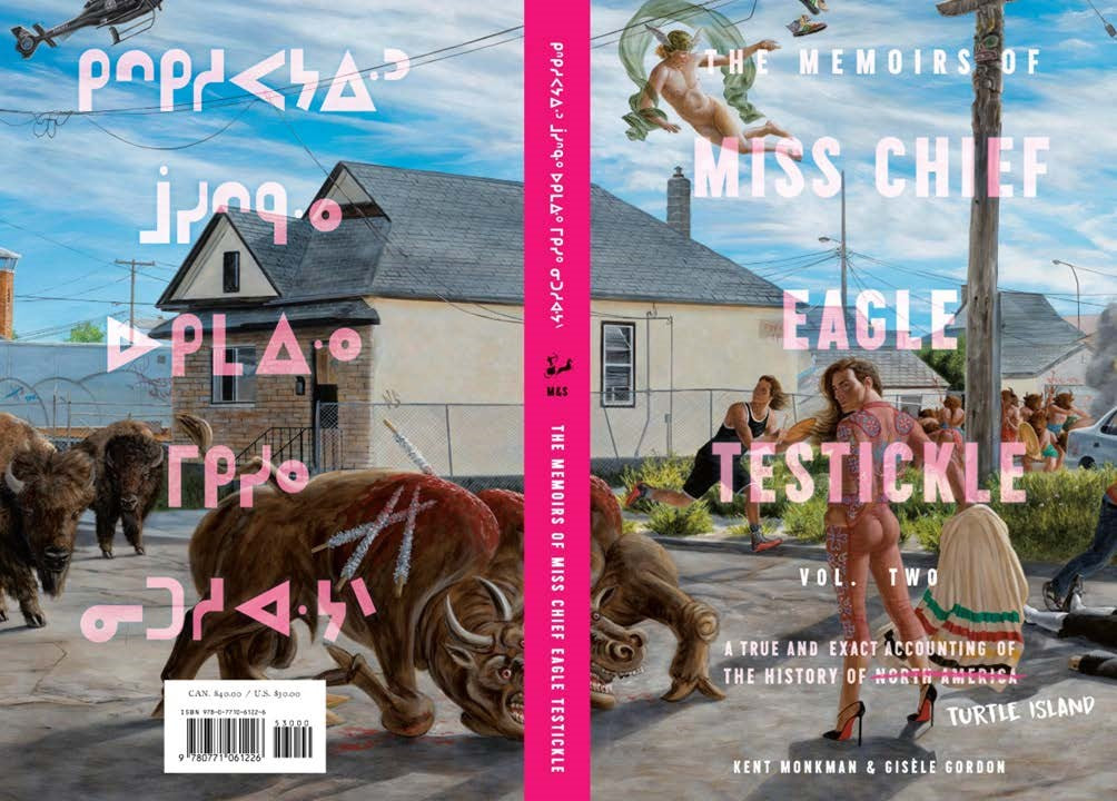 Book cover with a scene of people and animals in a suburban setting, featuring a pink spine.