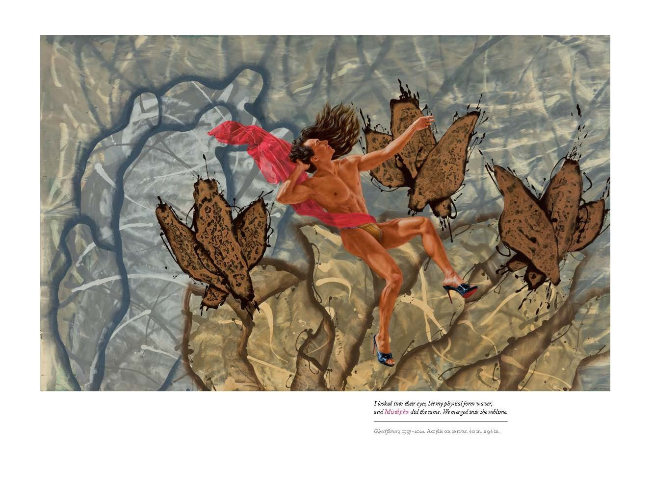 Artistic depiction of a nude figure surrounded by large butterflies on a textured background