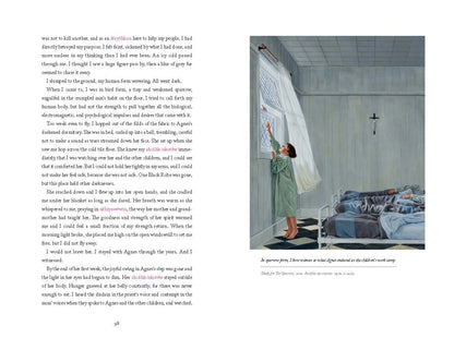 Book page with text and a painting of a woman in a room with a couch and window.