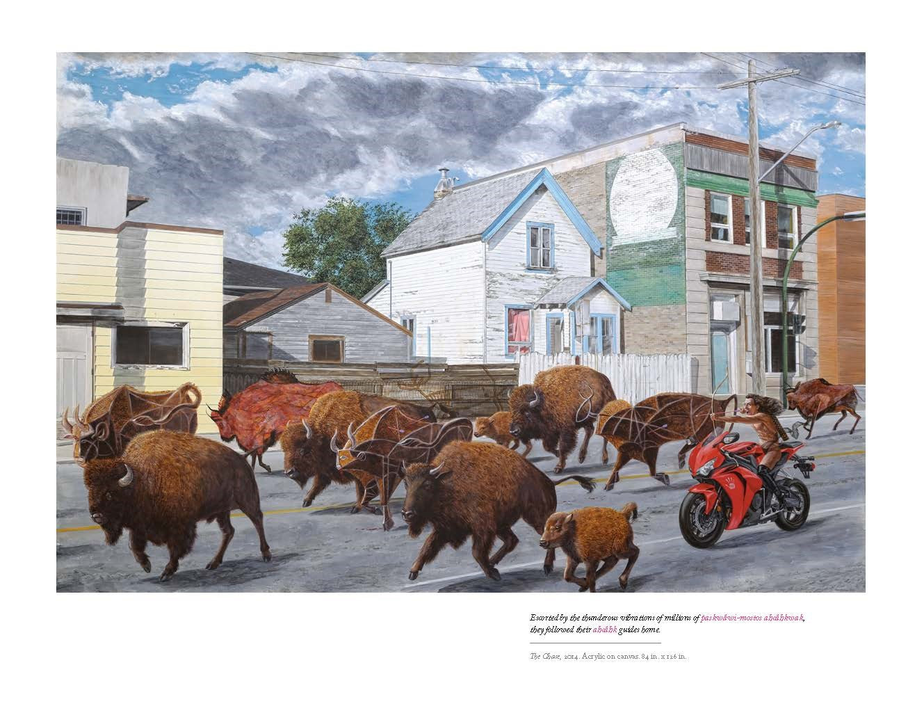 Bison crossing a street with a motorcycle, set against a backdrop of houses and a cloudy sky.