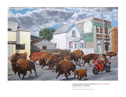 Bison crossing a street with a motorcycle, set against a backdrop of houses and a cloudy sky.