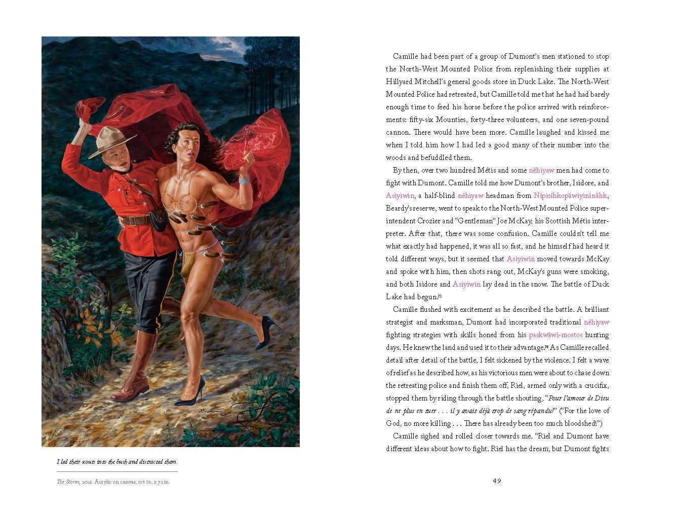 Illustration of a person in a red outfit with a large red bag, standing next to a text page.