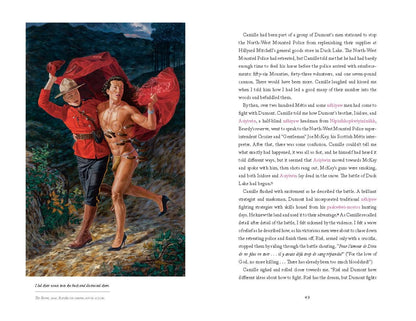 Illustration of a person in a red outfit with a large red bag, standing next to a text page.