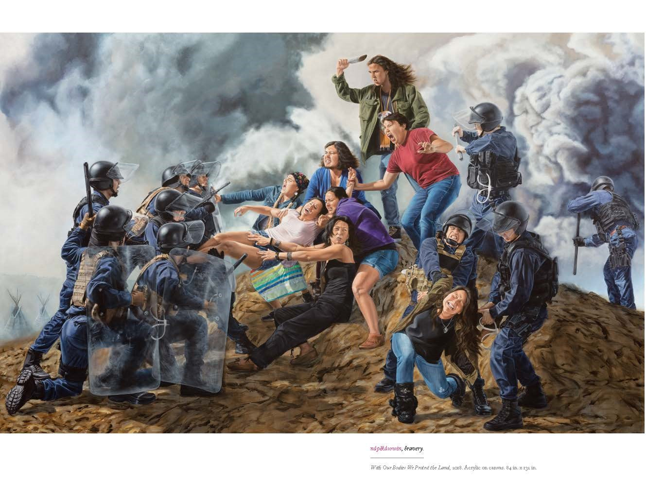 Illustration of a protest scene with police and civilians amidst smoke and dust.