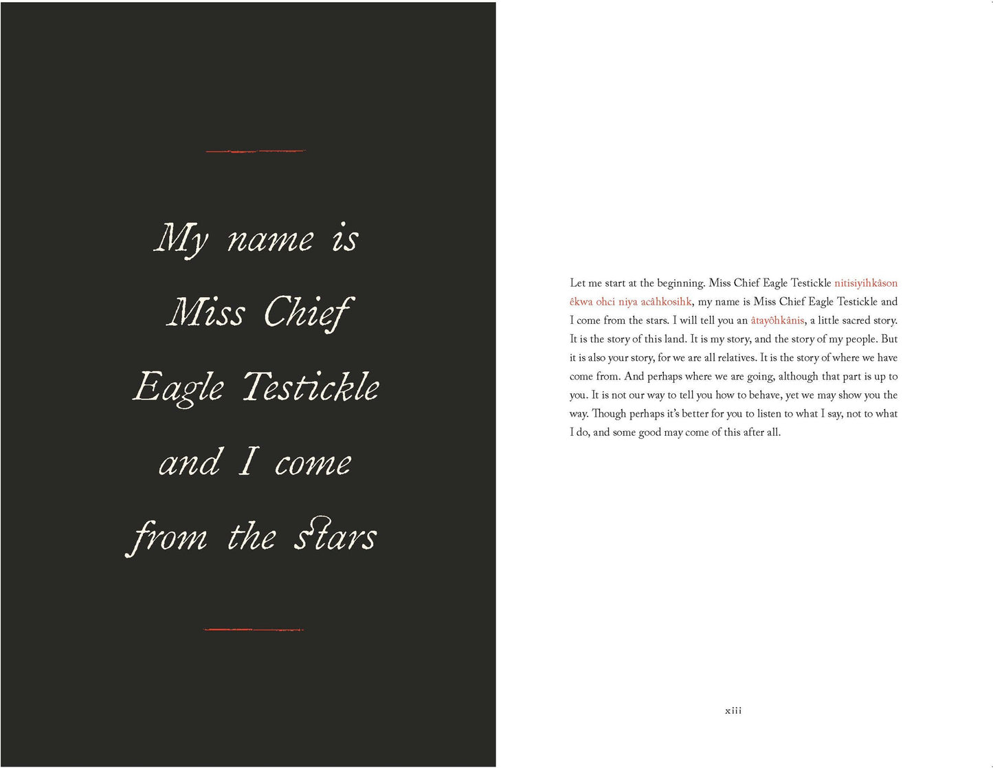 Book page with text about Miss Chief Eagle Testickle and her origin from the stars, on a black and white background.