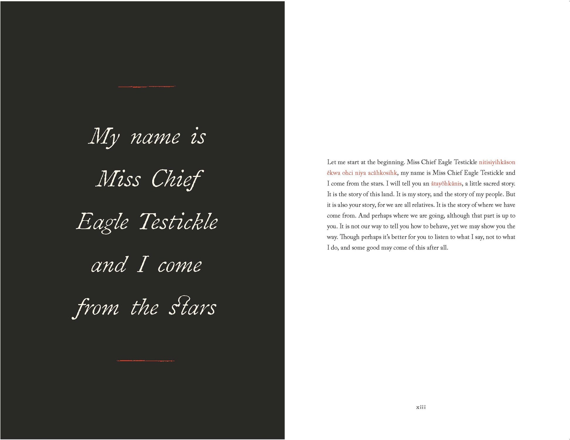 Book page with text about Miss Chief Eagle Testickle and her origin from the stars, on a black and white background.