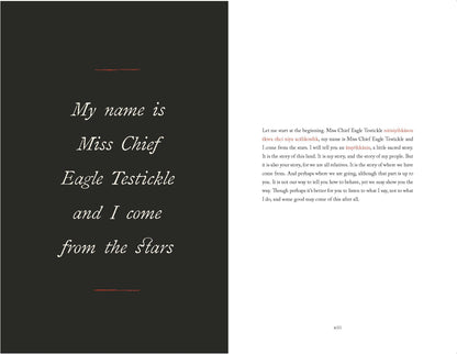 Book page with text about Miss Chief Eagle Testickle and her origin from the stars, on a black and white background.
