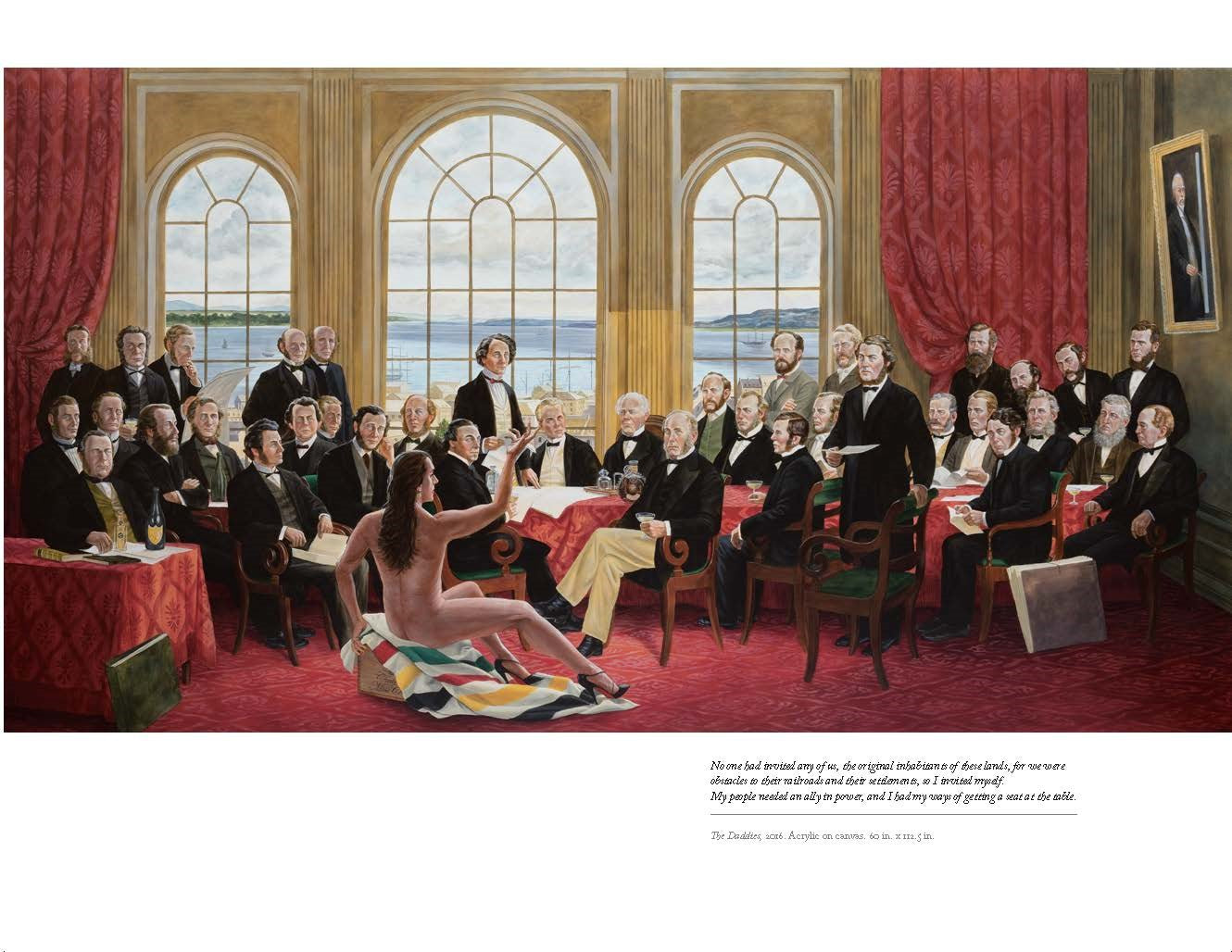 Artistic depiction of a scene with a nude figure in a room filled with people.