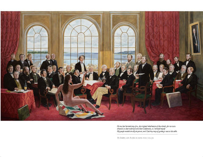 Artistic depiction of a scene with a nude figure in a room filled with people.