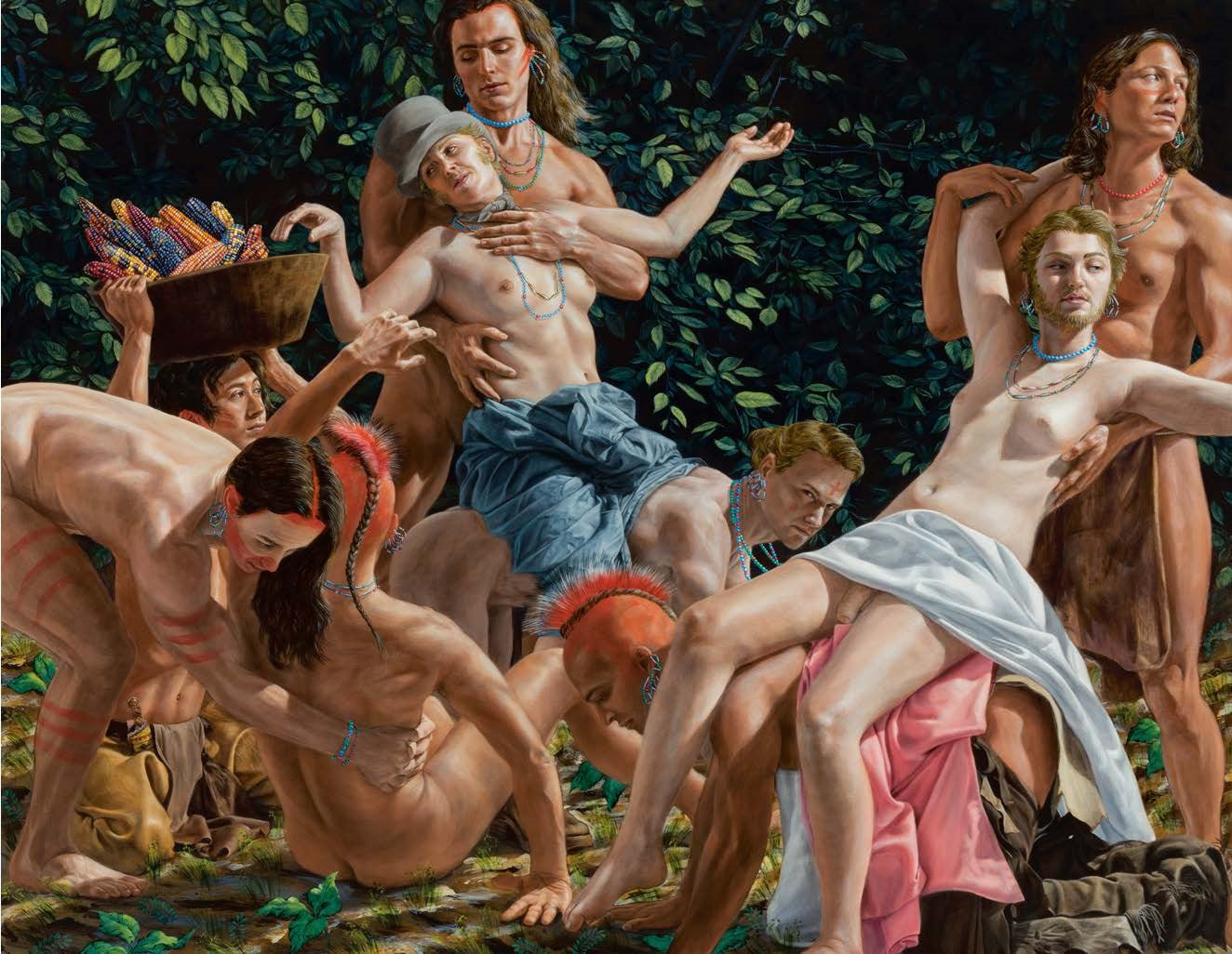 Artistic depiction of a group of people in a natural setting, possibly from a historical or mythological context.