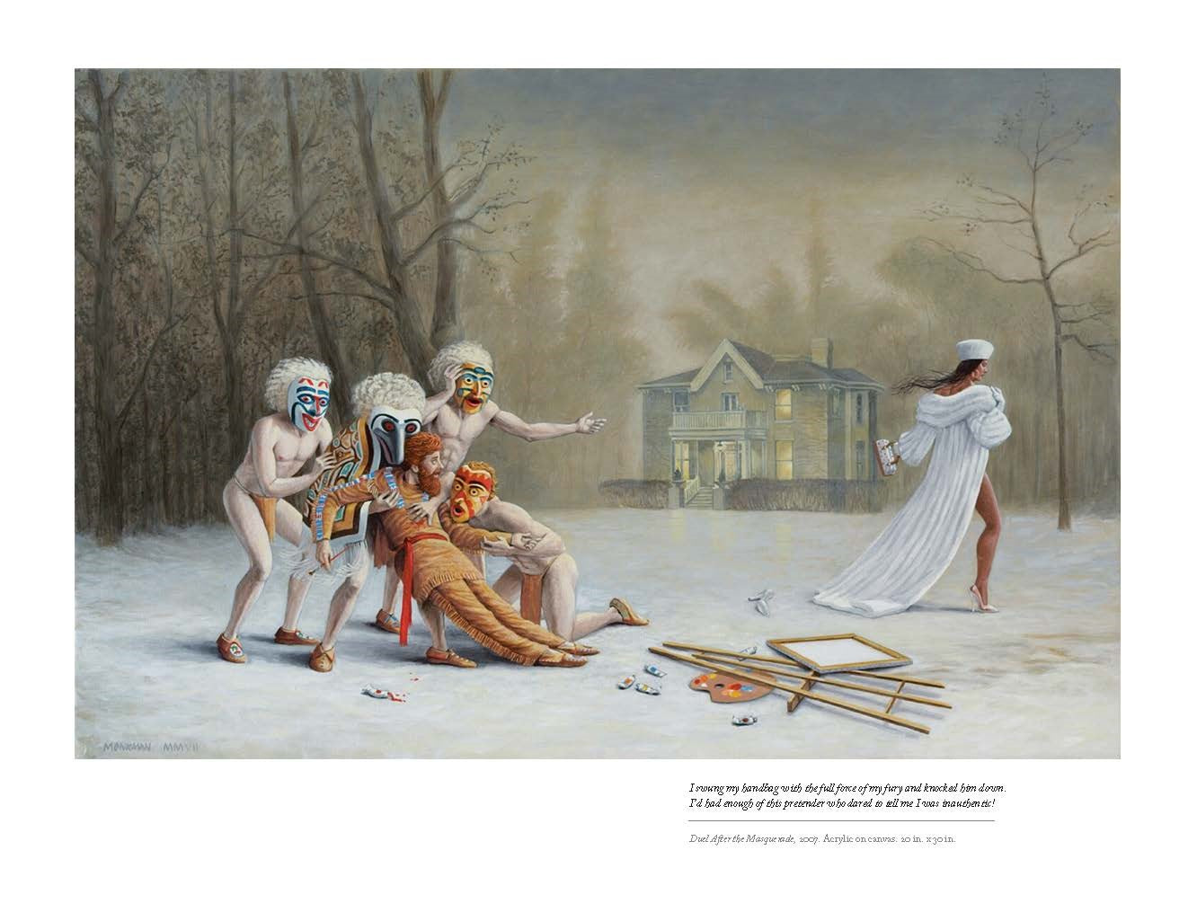 Artistic depiction of a scene with figures in a snowy landscape, featuring a house in the background.