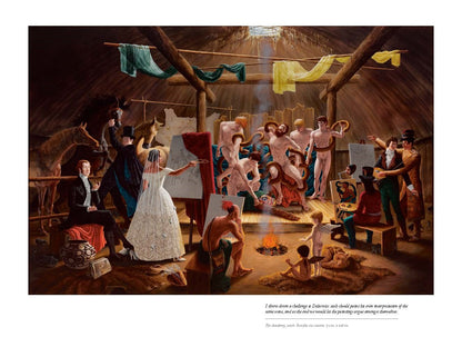 Historical painting of a group of people in a rustic setting with a central figure in a white dress.