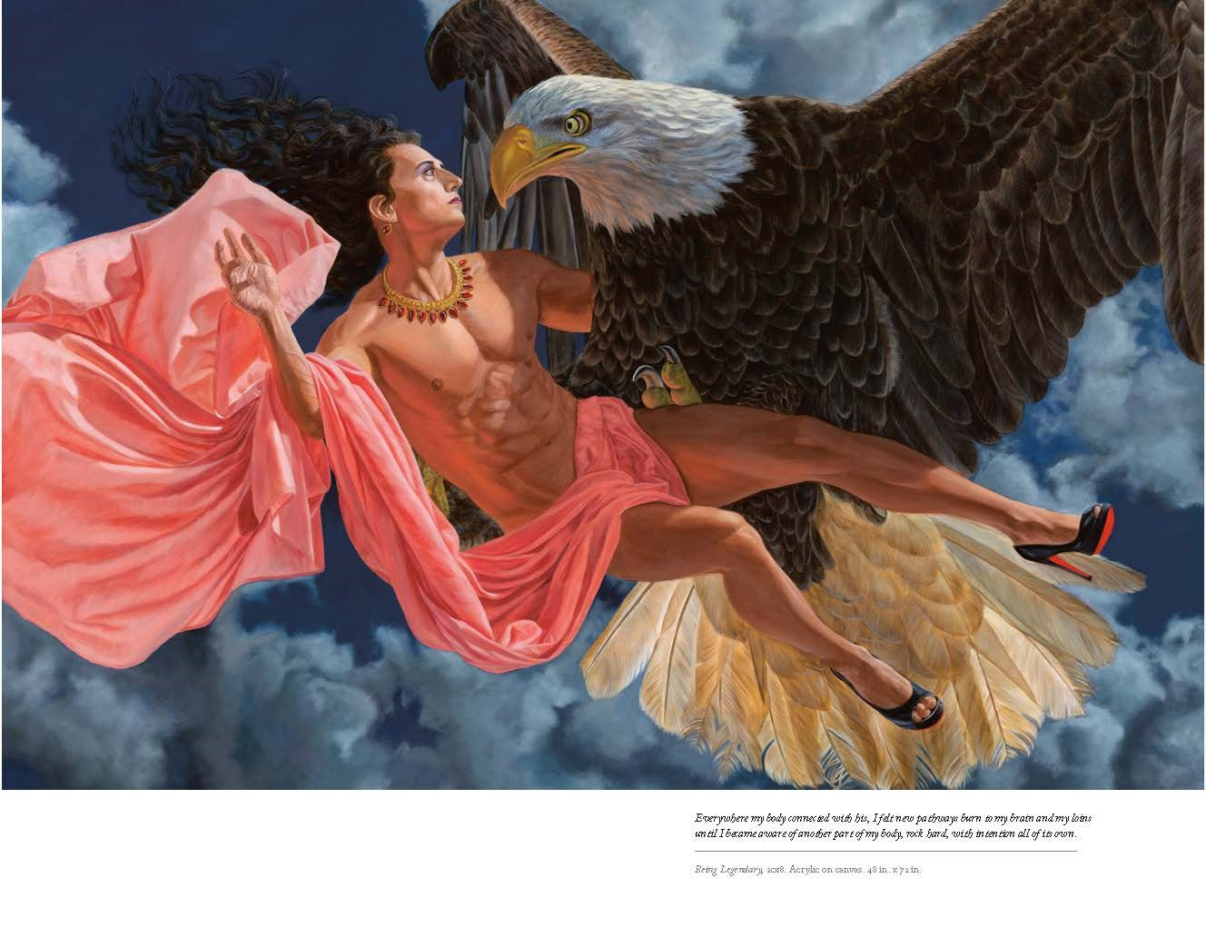 Miss Chief Eagle Testickle in a pink dress being carried by an eagle against a cloudy sky