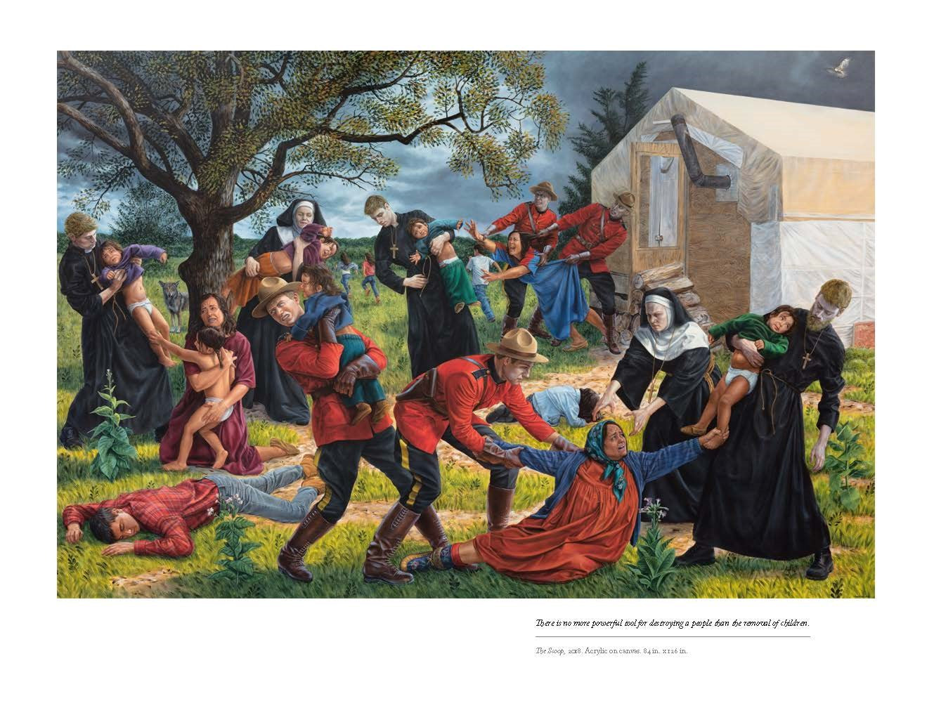 Artistic depiction of a historical event with people in a field and a building in the background.