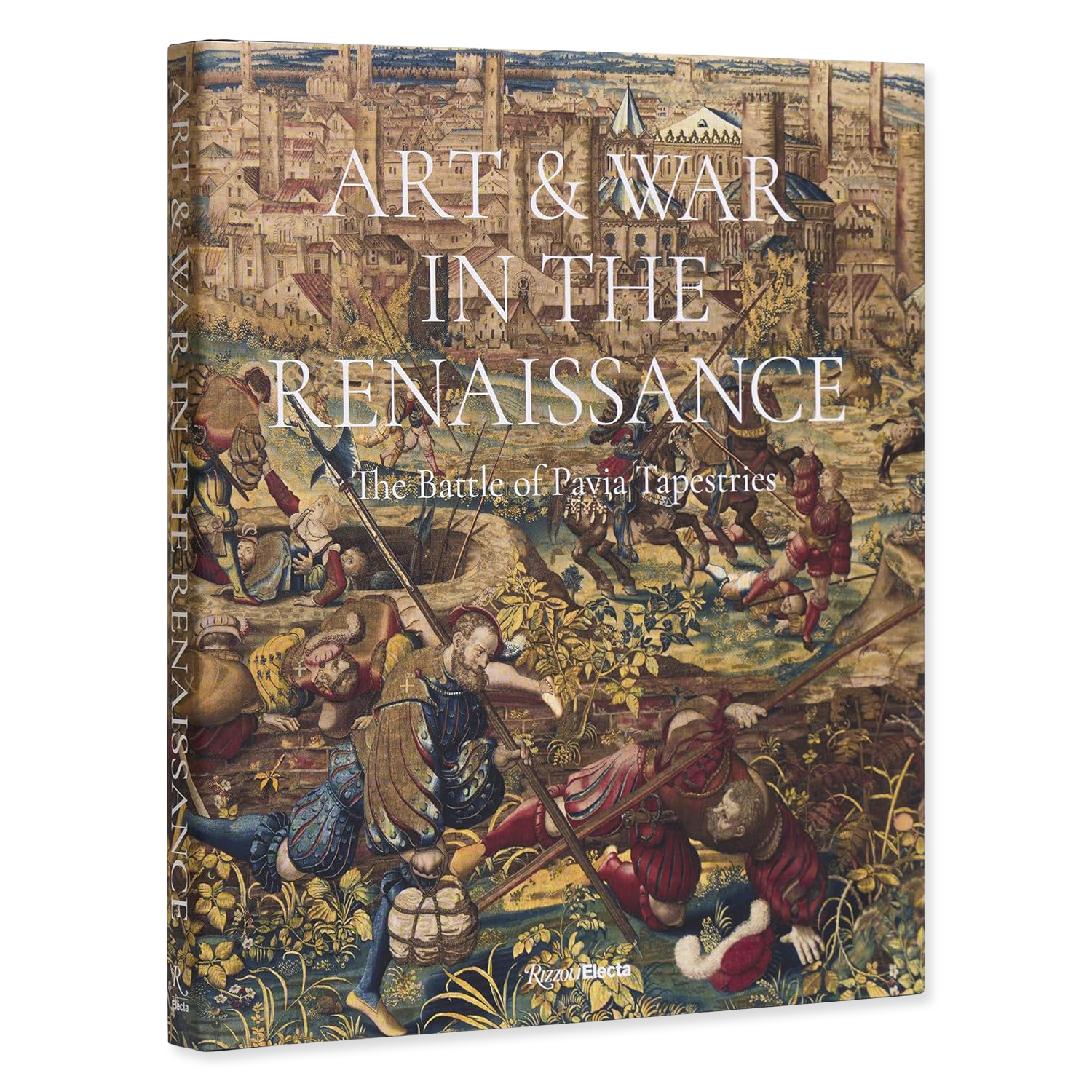 Book cover of 'Art & War in the Renaissance' with tapestry design