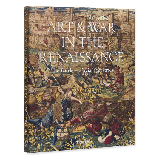 Book cover of 'Art & War in the Renaissance' with tapestry design