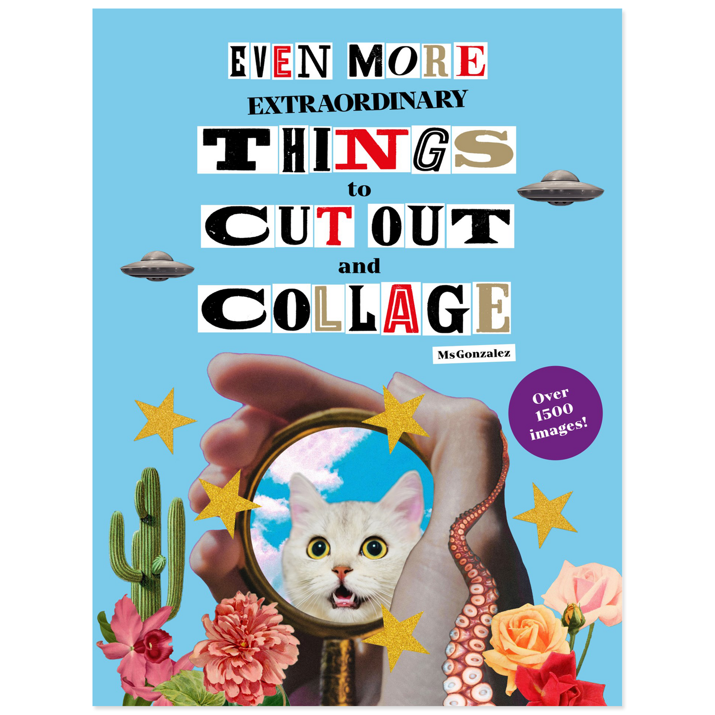 Book cover with a cat, hand, mirror, and collage elements on a blue background