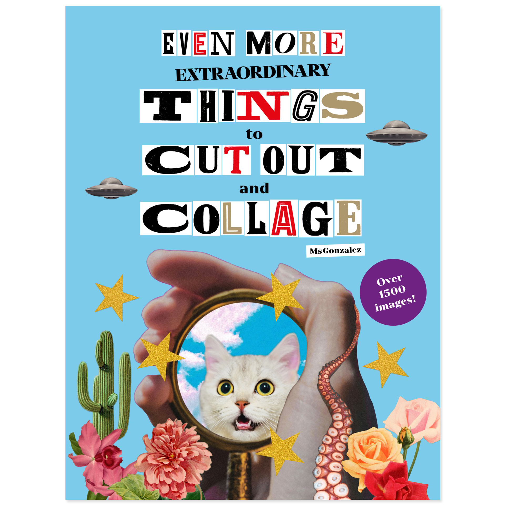 Book cover with a cat, hand, mirror, and collage elements on a blue background