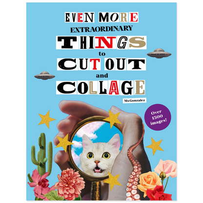 Book cover with a cat, hand, mirror, and collage elements on a blue background