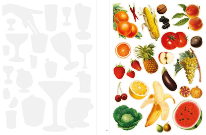 Collection of fruits, vegetables, and drink icons on a white background