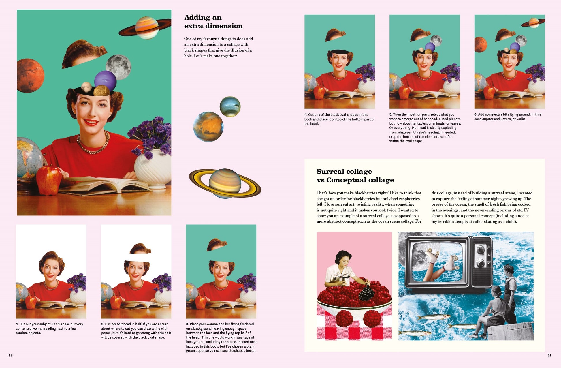 Collage of a woman with various props and a vintage-style layout.