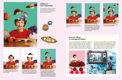 Collage of a woman with various props and a vintage-style layout.