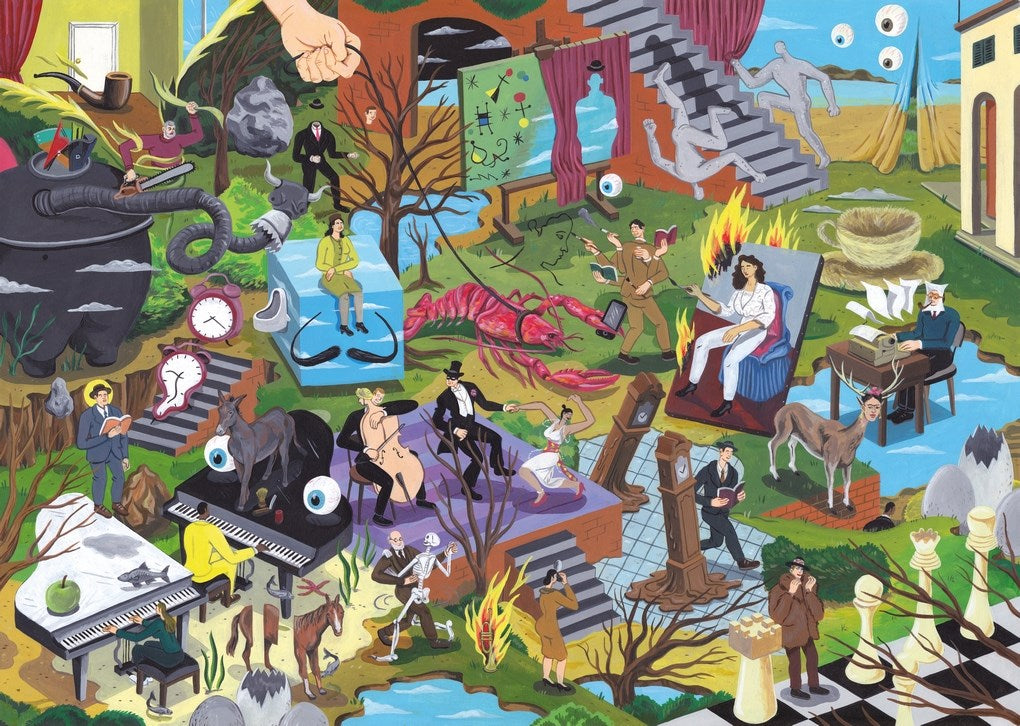 Colorful and chaotic scene with various elements and people in a surreal setting.