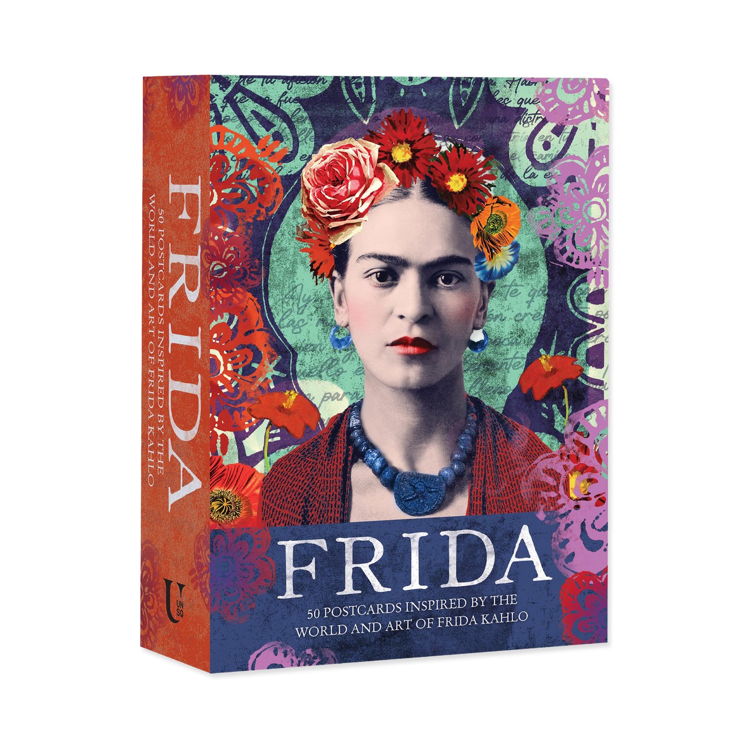 Frida Kahlo-themed postcard book with colorful design and portrait of Frida Kahlo on a white background