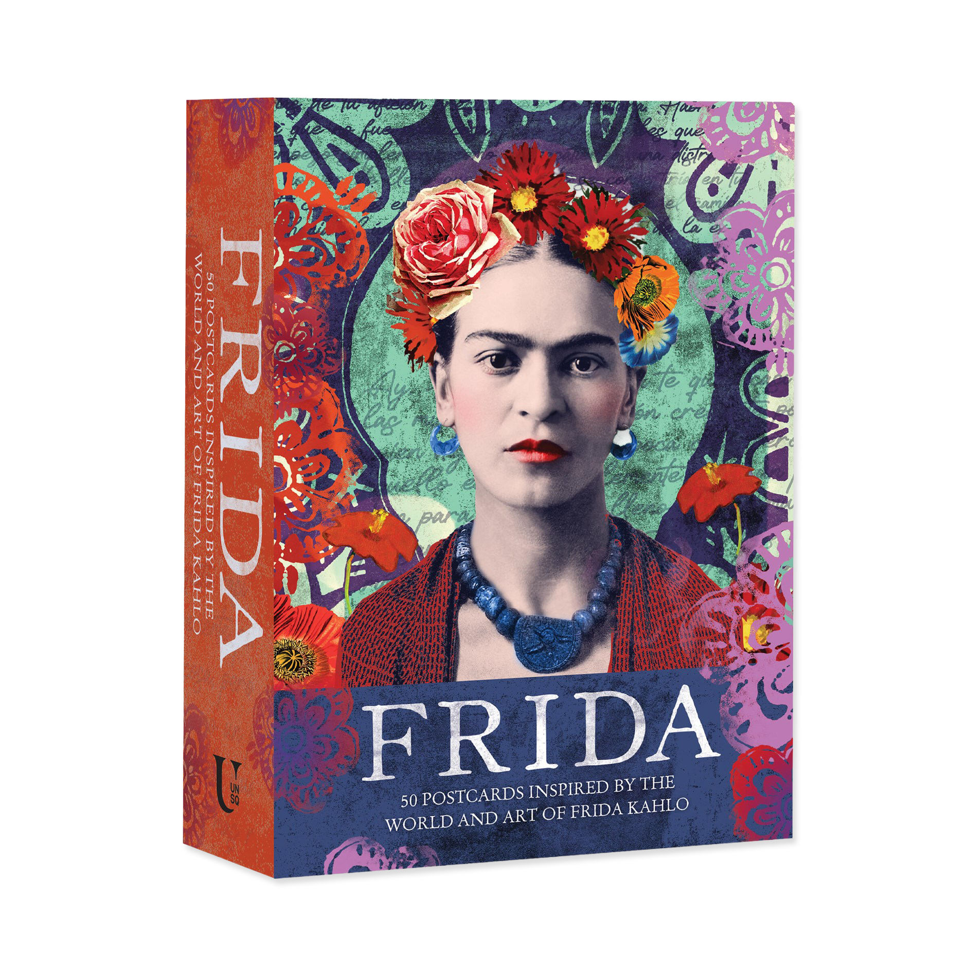 Frida Kahlo-themed postcard book with colorful design and portrait of Frida Kahlo on a white background