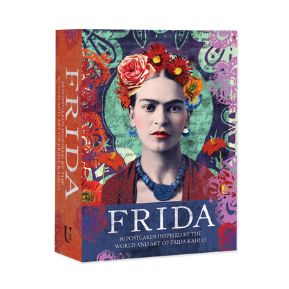Frida Kahlo-themed postcard book with colorful design and portrait of Frida Kahlo on a white background