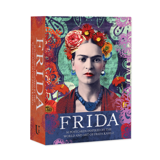 Frida Kahlo-themed postcard book with colorful design and portrait of Frida Kahlo on a white background