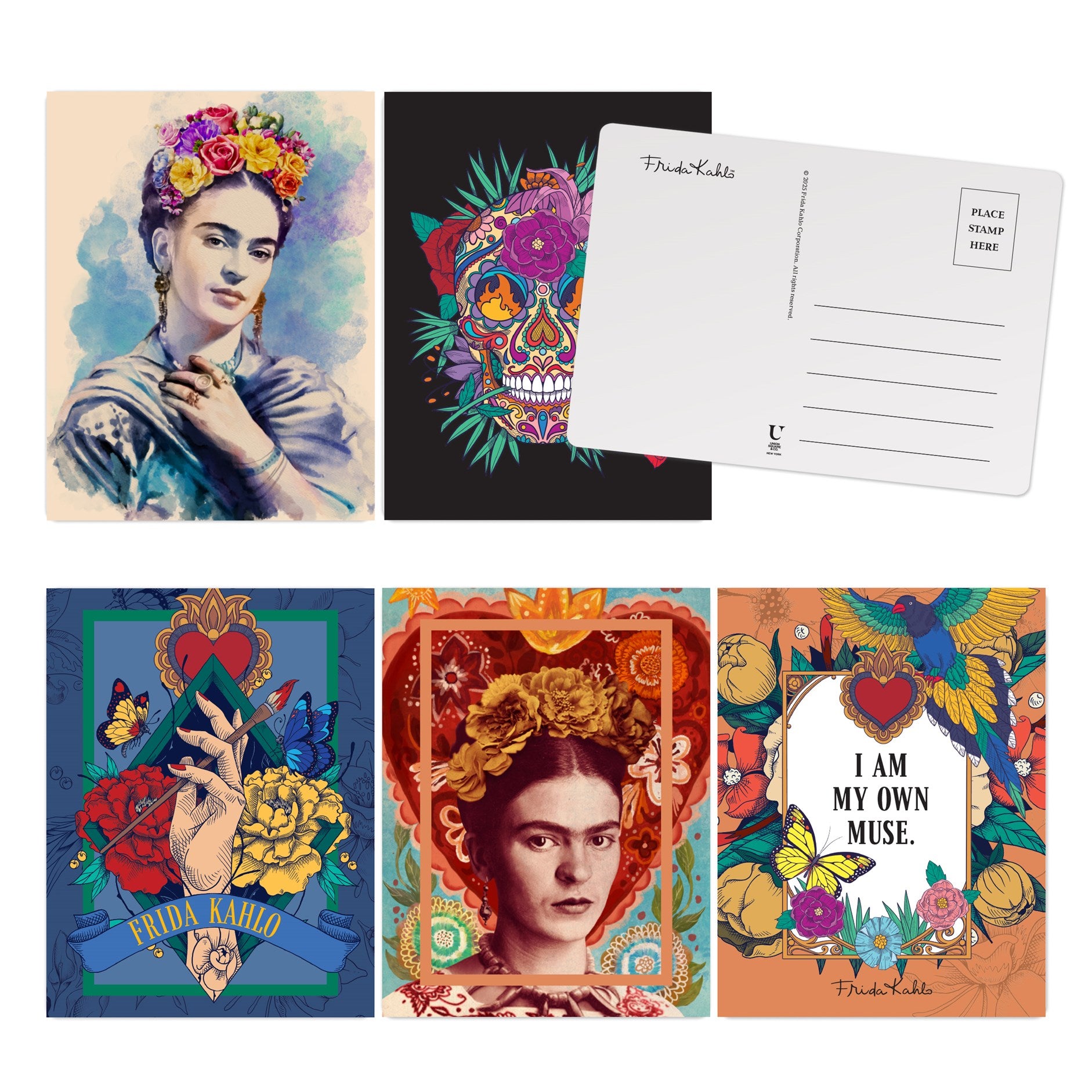 Collection of Frida Kahlo-themed postcards and prints with vibrant colors and artistic designs.