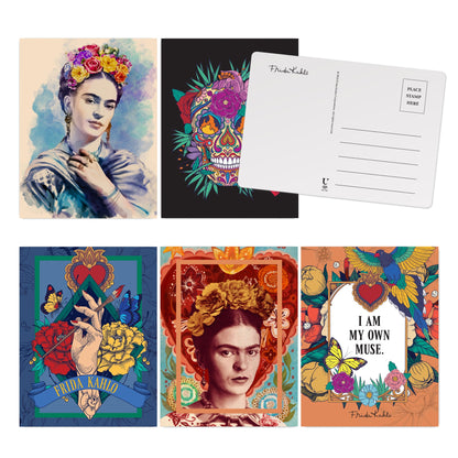 Collection of Frida Kahlo-themed postcards and prints with vibrant colors and artistic designs.