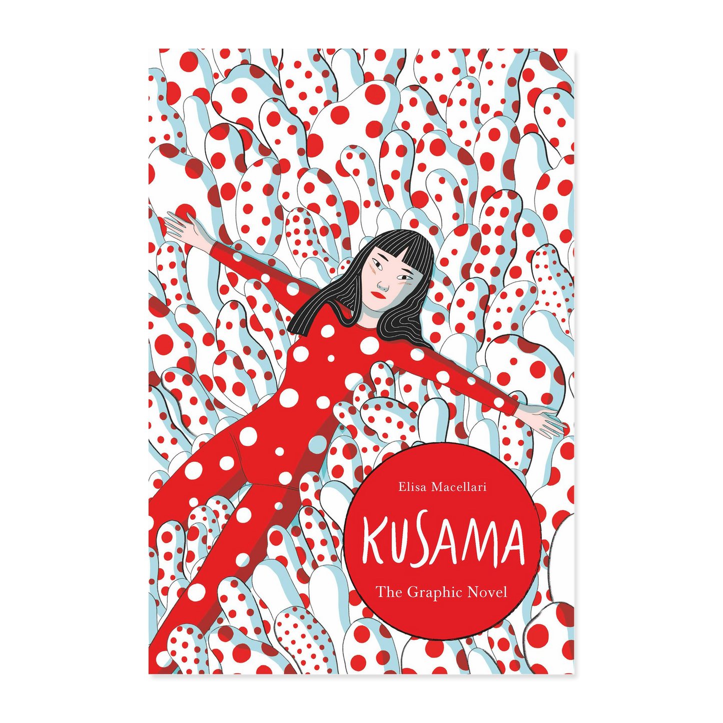 Book cover of 'Kusama: The Graphic Novel' with a polka dot design and a character in a red dress.
