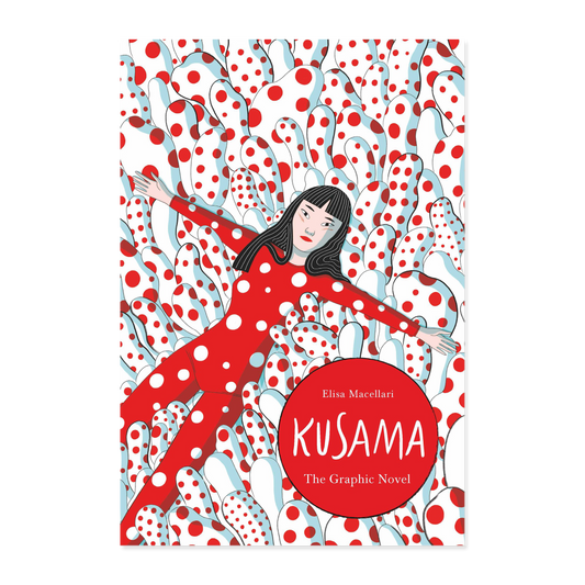 Book cover of 'Kusama: The Graphic Novel' with a polka dot design and a character in a red dress.